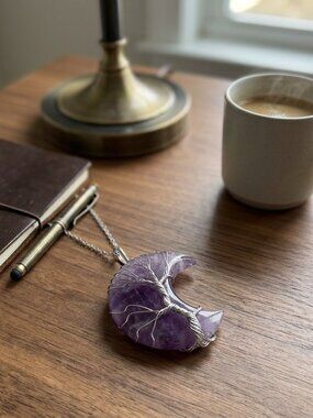 Amethyst Crescent Moon Necklace Purple Crystal Tree of Life 24 in